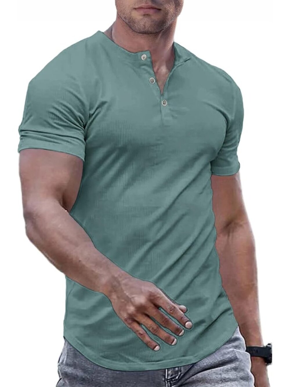 Men's Green 1 Muscle Slim Henley Crewneck Longline Athletic Button Tees Shirts